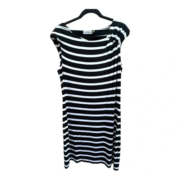 Calvin Klein Dresses & Skirts - Calvin Klein Womens Dress Size 14 Sheath Black White Striped Knit Sleeveless